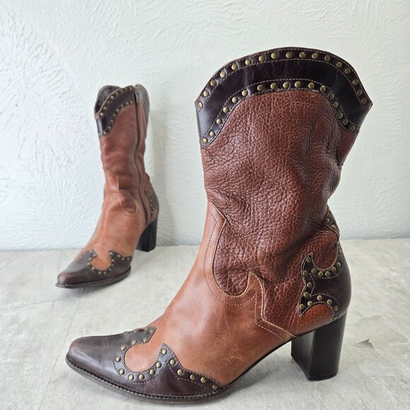 Matisse Western Cowgirl Boots Brown Leather Block Heel Victorian Pointed Booties - Picture 1 of 14